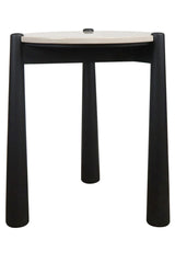 Cream marble top side table with a sleek, round surface and a smooth finish, supported by sturdy black mango wood legs.