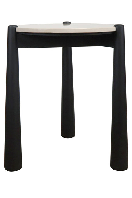 Cream marble top side table with a sleek, round surface and a smooth finish, supported by sturdy black mango wood legs.