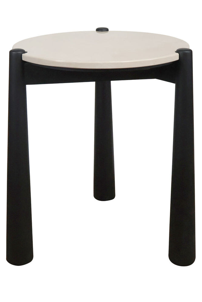 Cream marble top side table with a sleek, round surface and a central decorative knob, supported by four sturdy black mango wood legs.