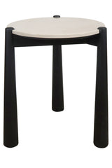 Cream marble top side table with a sleek, round surface and a central decorative knob, supported by four sturdy black mango wood legs.