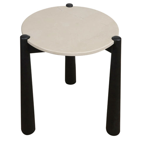 Cream marble top side table featuring a smooth, round surface with subtle veining, supported by three sturdy black mango wood legs.