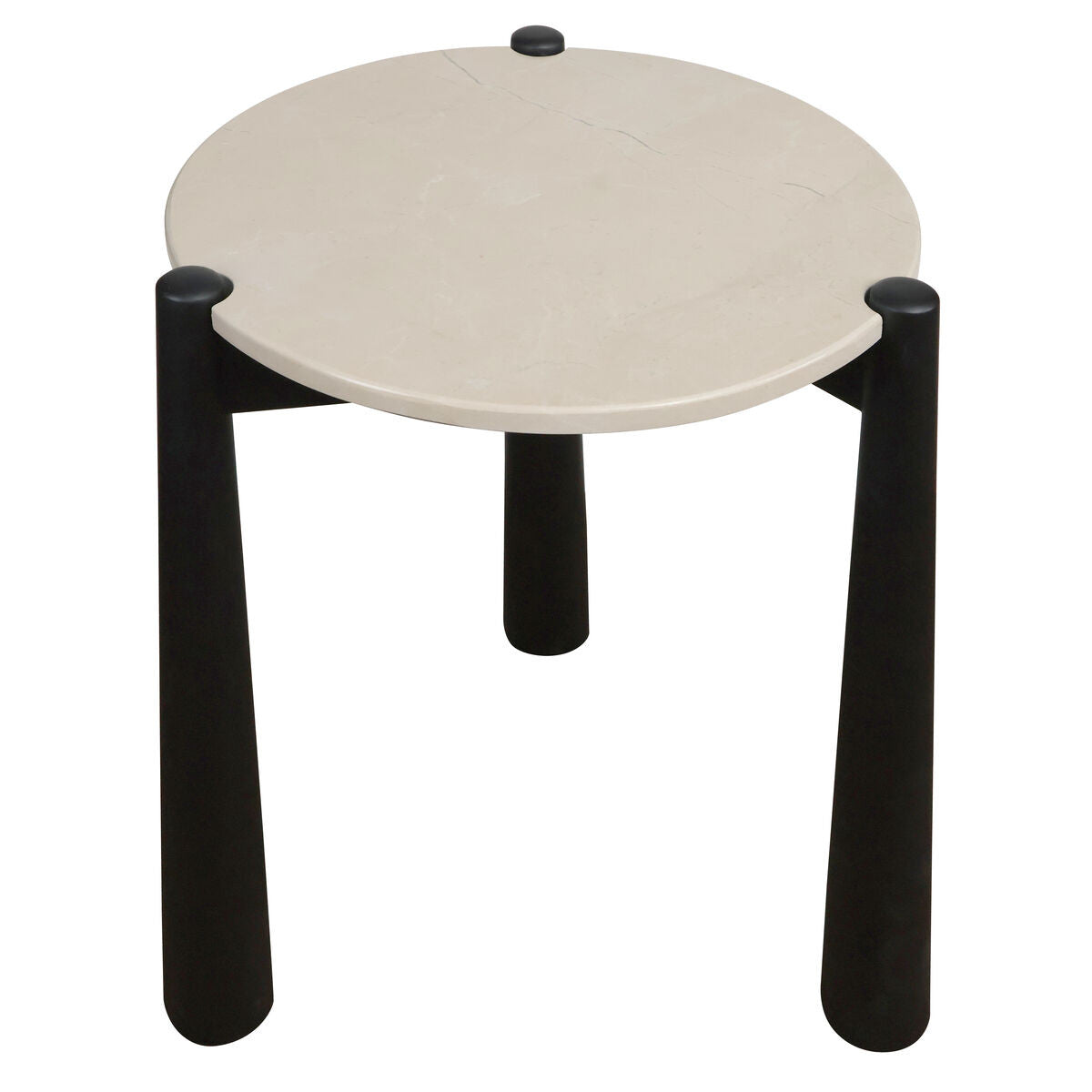Cream marble top side table featuring a smooth, round surface with subtle veining, supported by three sturdy black mango wood legs.
