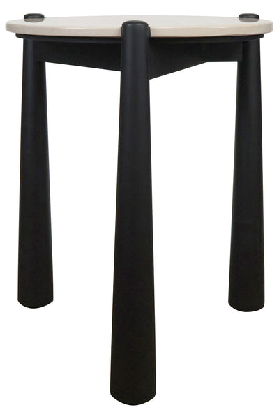 Cream marble top side table with a sleek, round surface supported by four tapered black mango wood legs.