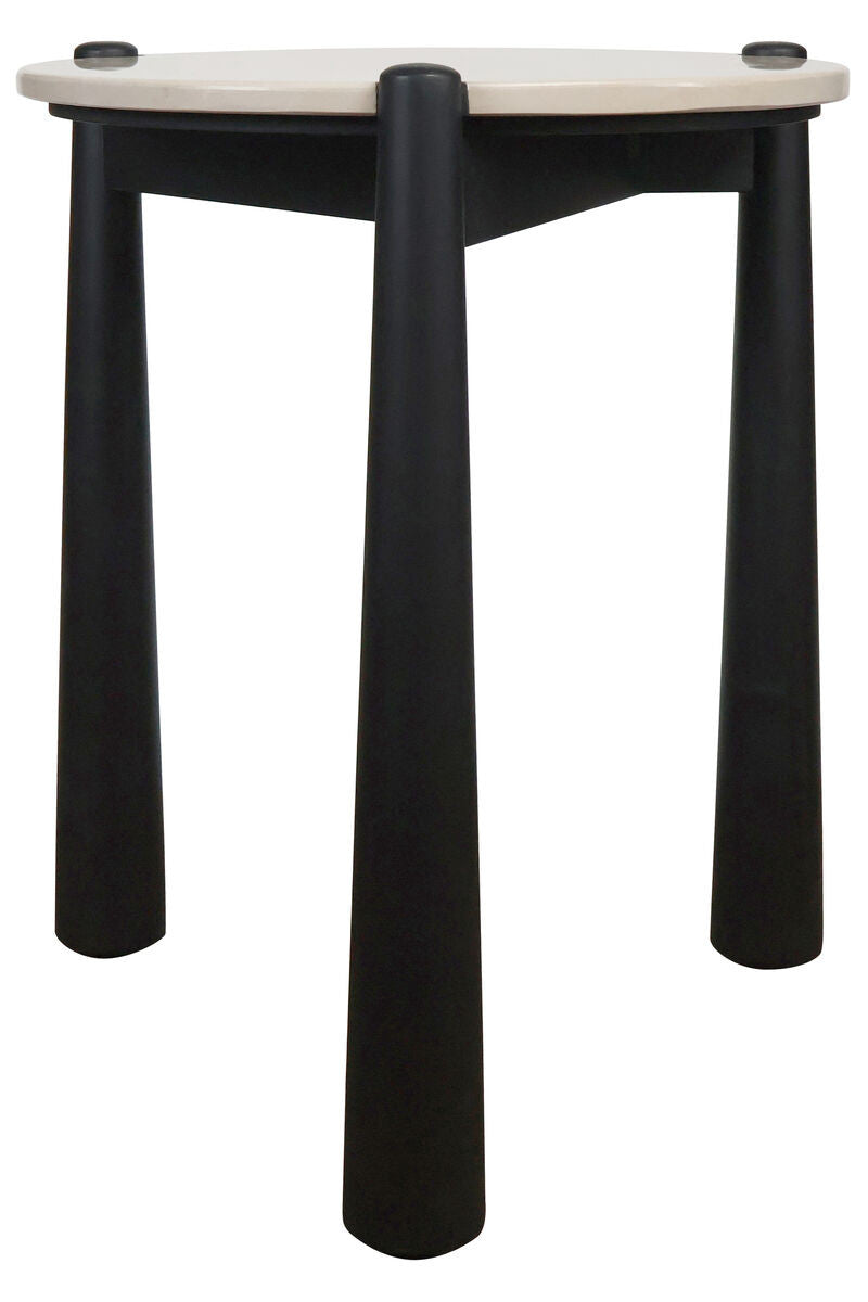Cream marble top side table with a sleek, round surface supported by four tapered black mango wood legs.