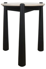 Cream marble top side table with a sleek, round surface supported by four tapered black mango wood legs.