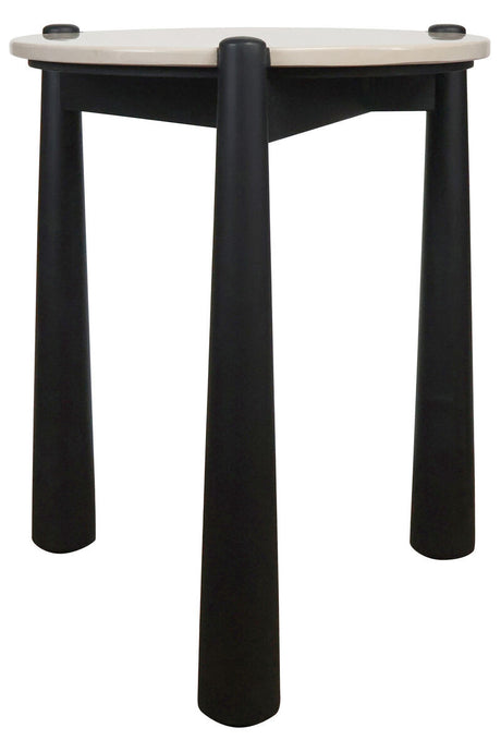 Cream marble top side table with a sleek, round surface supported by four tapered black mango wood legs.