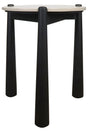 Cream marble top side table with a sleek, round surface supported by four tapered black mango wood legs.