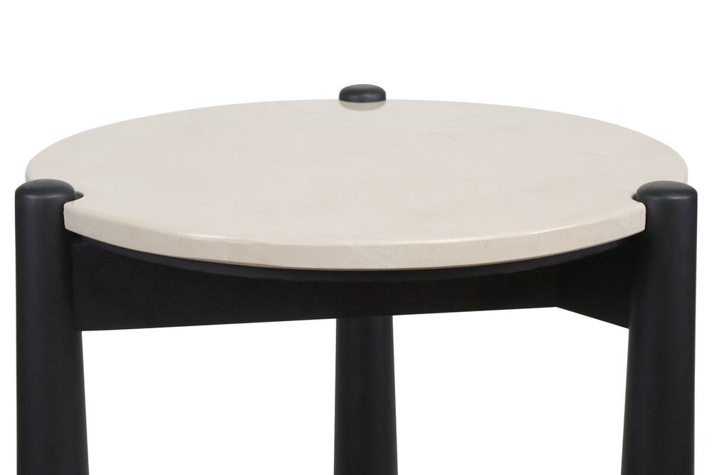 Cream marble top side table featuring a sleek, round surface with subtle veining and a sturdy black mango wood base.