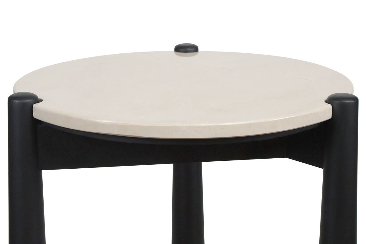 Cream marble top side table featuring a sleek, round surface with subtle veining and a sturdy black mango wood base.