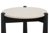 Cream marble top side table featuring a sleek, round surface with subtle veining and a sturdy black mango wood base.