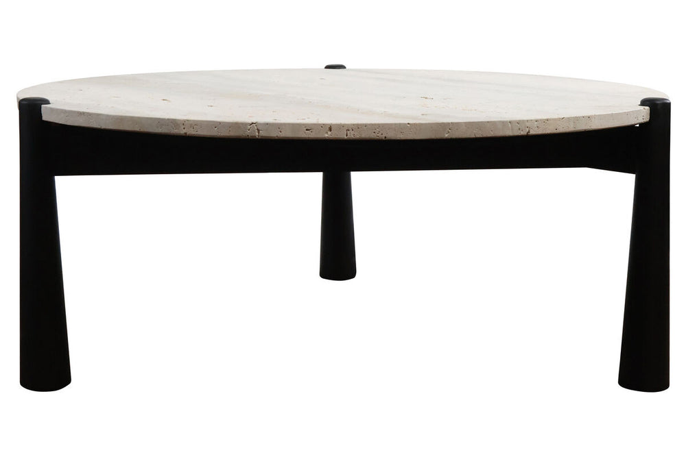 Round coffee table featuring a natural travertine top with a smooth finish, supported by a sleek black mango wood base.