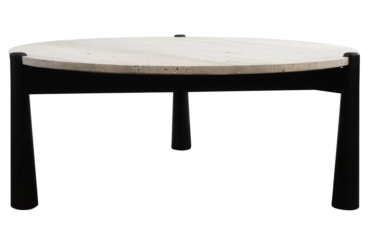 Round coffee table featuring a natural travertine top with a smooth finish, supported by a sleek black mango wood base.