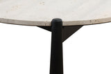 Round coffee table featuring a natural travertine top with a textured surface and a sleek black mango wood base.