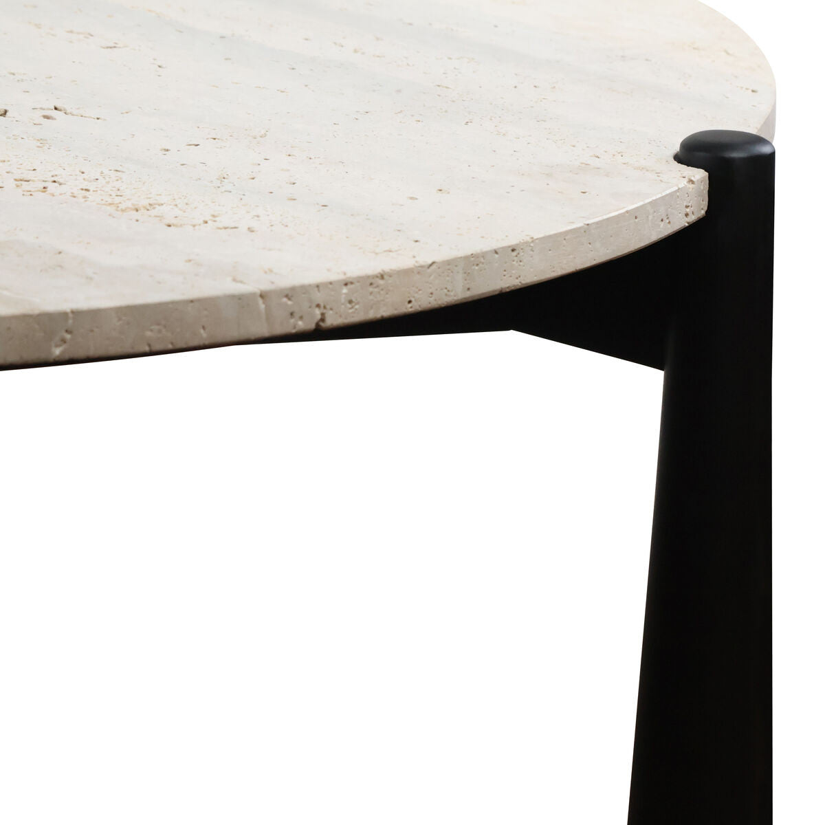 Round coffee table featuring a smooth travertine top with a natural stone finish, complemented by sleek black mango wood legs.