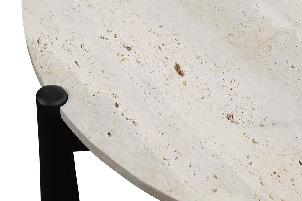 Round travertine tabletop with a natural stone finish, showcasing unique textures and patterns, paired with sleek black mango wood legs.