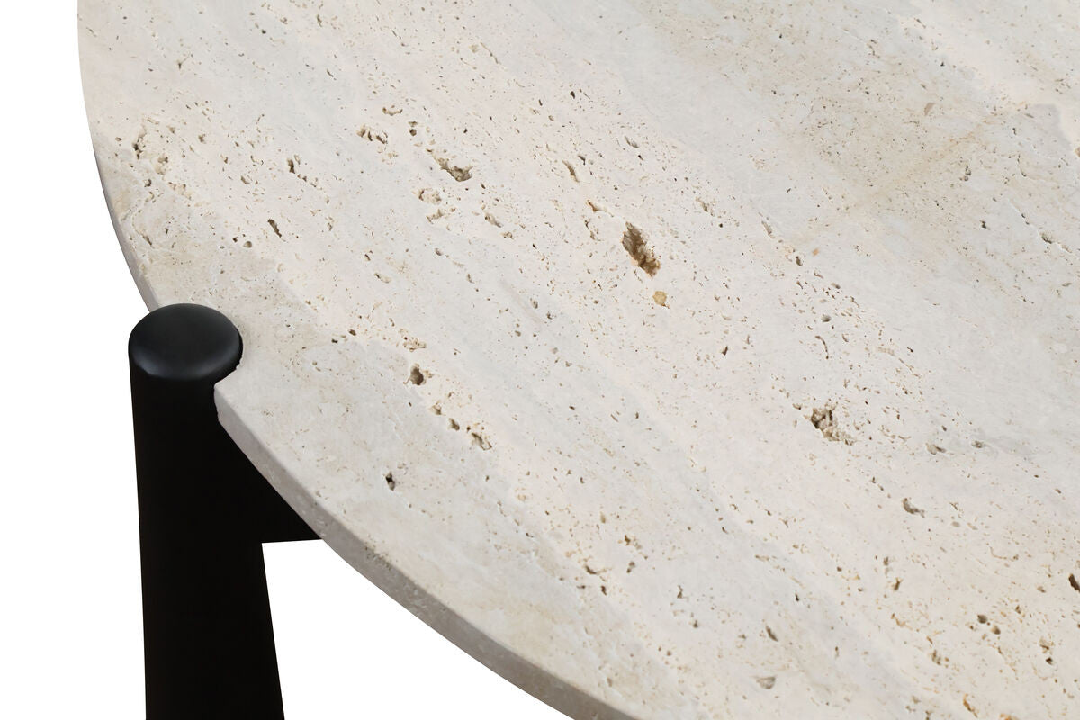 Round travertine tabletop with a natural stone finish, showcasing unique textures and patterns, paired with sleek black mango wood legs.