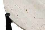 Round travertine tabletop with a natural stone finish, showcasing unique textures and patterns, paired with sleek black mango wood legs.