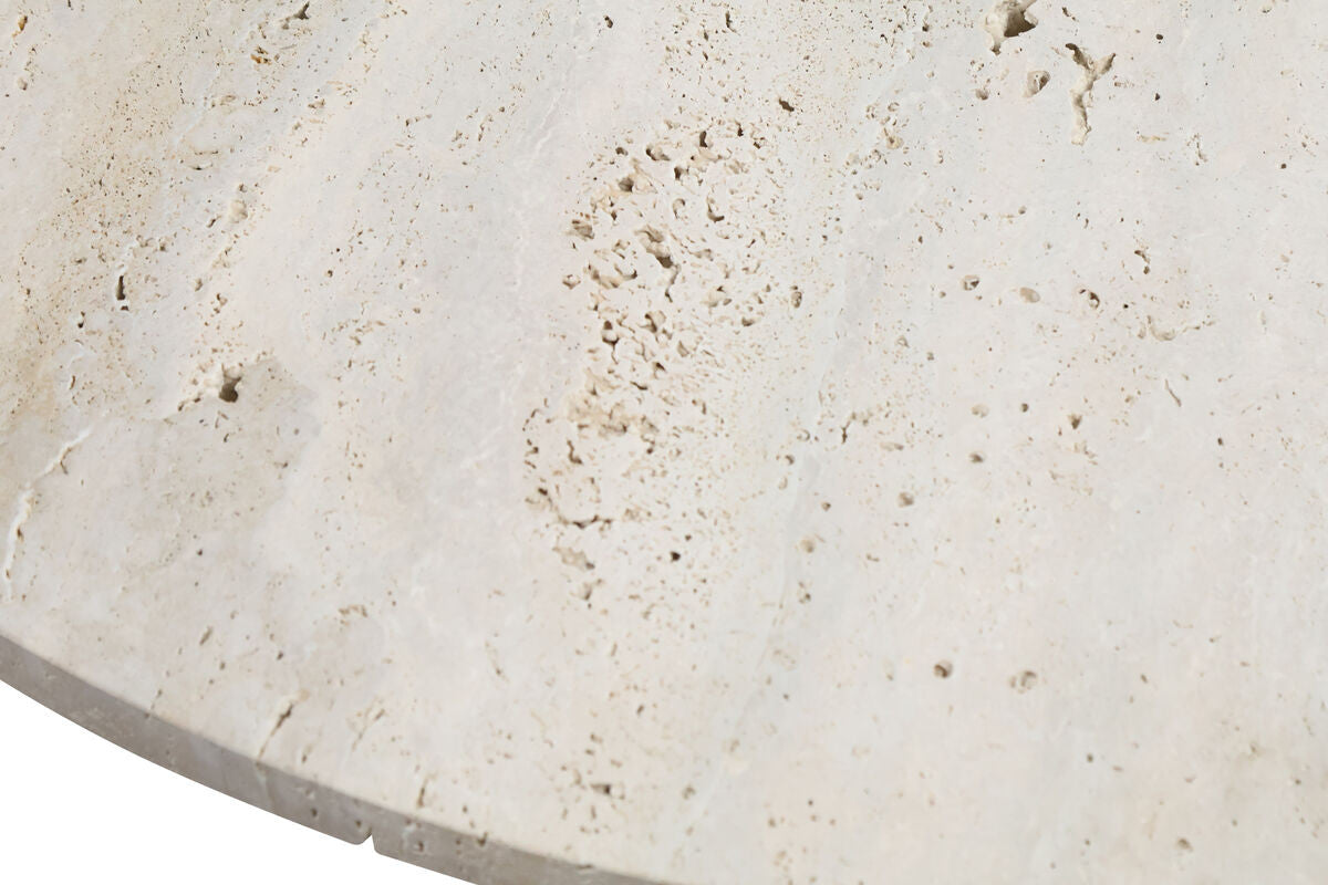 Close-up view of a travertine tabletop featuring a natural, textured surface with subtle variations in color and small pockmarks, showcasing its unique stone characteristics.