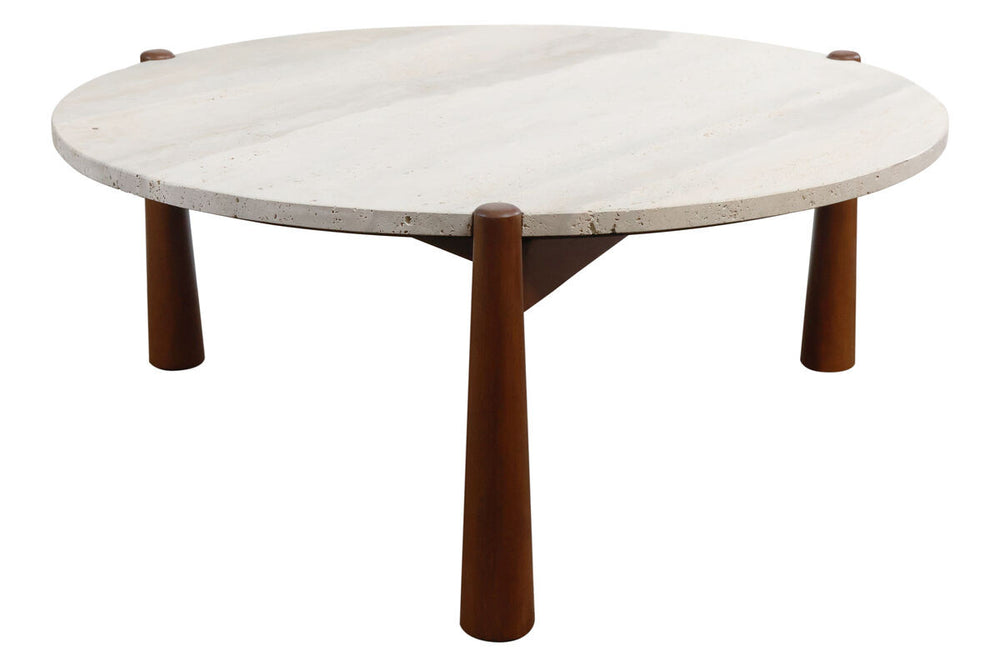 Round coffee table featuring a smooth travertine top with subtle variations in color and texture, supported by four sturdy brown mango wood legs.