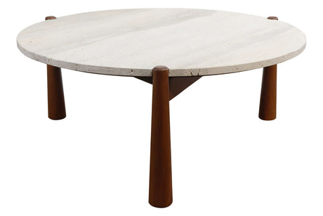 Round coffee table featuring a smooth travertine top with subtle variations in color and texture, supported by four sturdy brown mango wood legs.