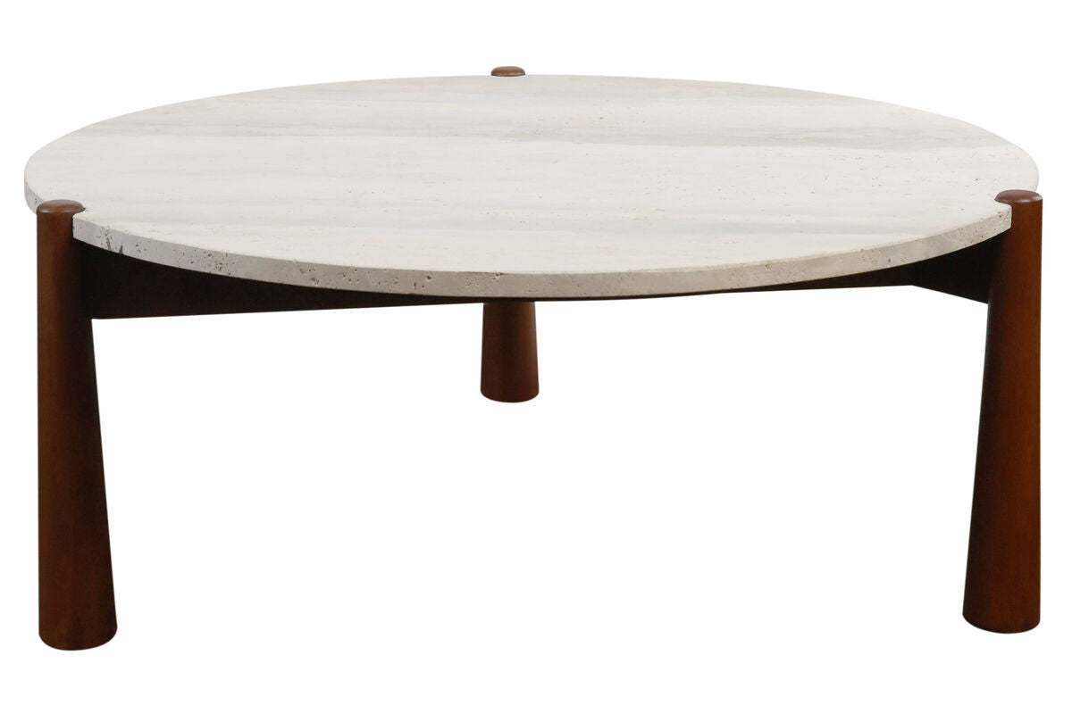 Round coffee table featuring a smooth travertine top with subtle texture and natural color variations, supported by sturdy brown-finished mango wood legs.