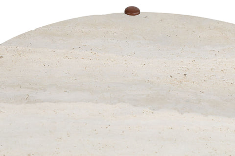 Round travertine tabletop featuring a smooth, natural stone surface with subtle variations in color and texture, complemented by a small brown accent.
