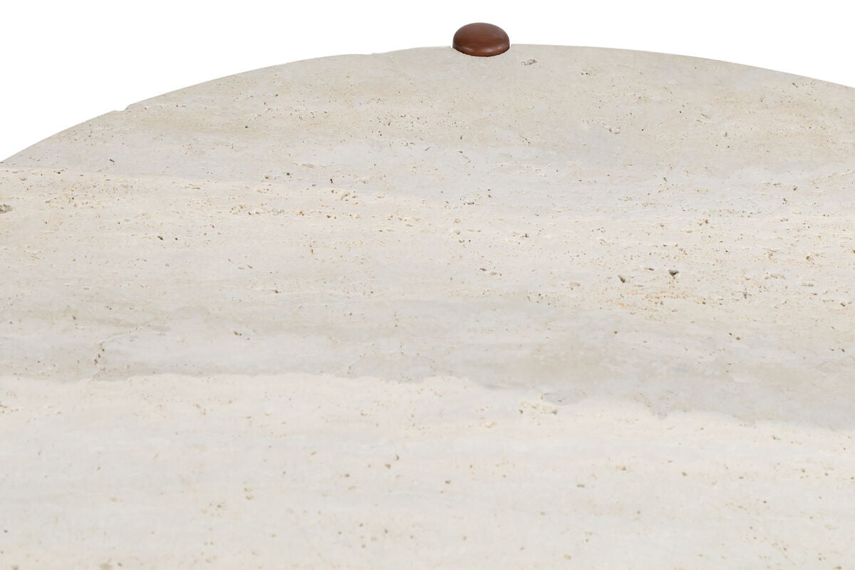 Round travertine tabletop featuring a smooth, natural stone surface with subtle variations in color and texture, complemented by a small brown accent.