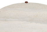 Round travertine tabletop featuring a smooth, natural stone surface with subtle variations in color and texture, complemented by a small brown accent.