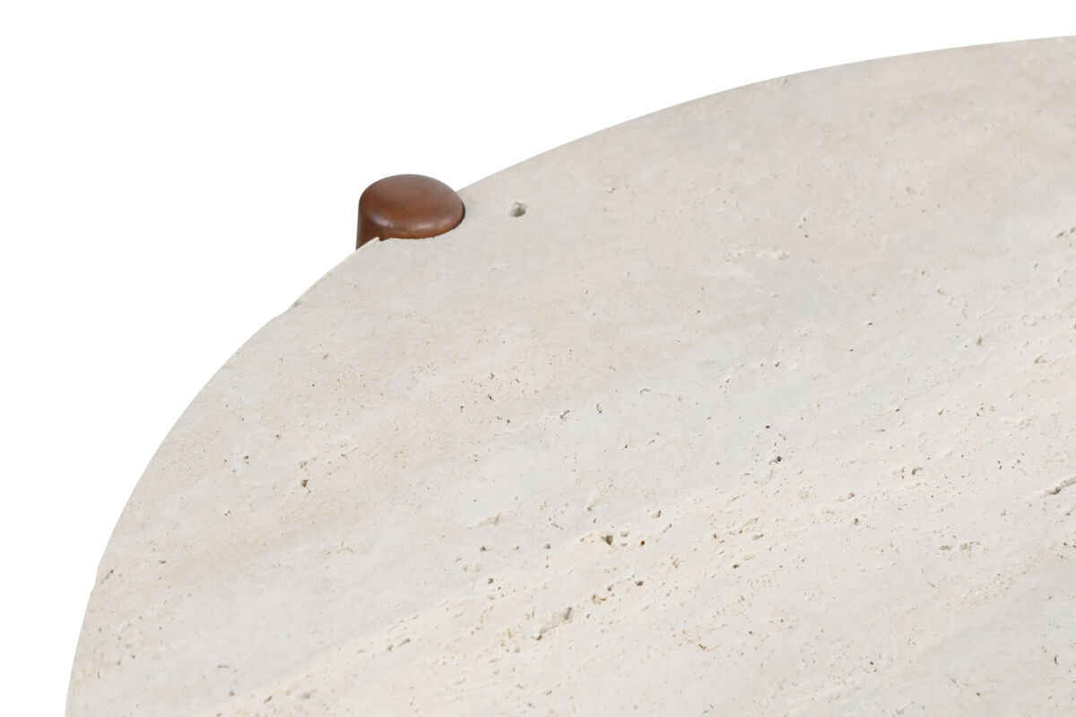Natural travertine tabletop with a smooth, textured surface, featuring a rounded edge and a small brown wooden knob at one corner.