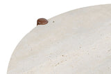 Natural travertine tabletop with a smooth, textured surface, featuring a rounded edge and a small brown wooden knob at one corner.
