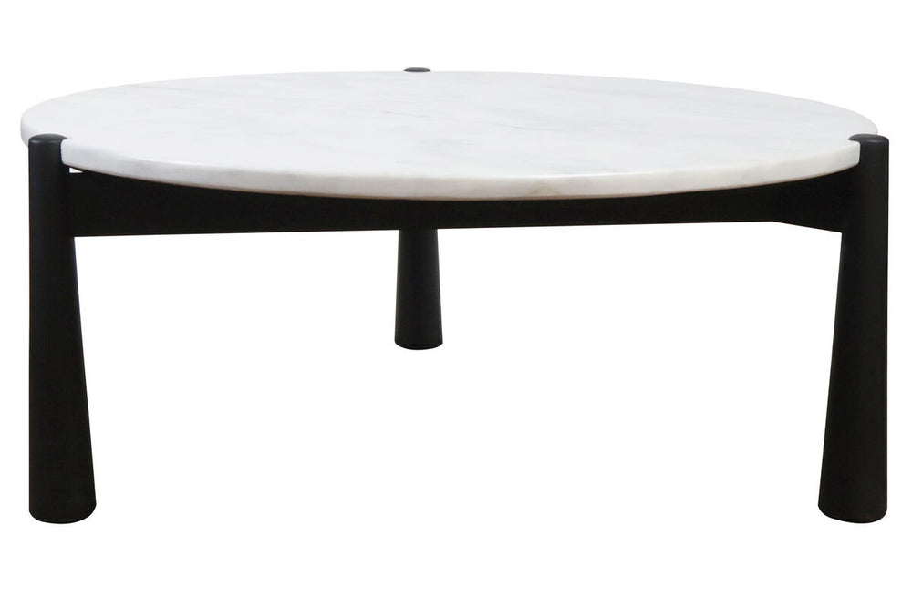 Round coffee table featuring a sleek white marble top and a sturdy black mango wood base. The table stands on three tapered legs, providing a modern aesthetic.