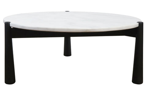 Round coffee table featuring a sleek white marble top and a sturdy black mango wood base. The table stands on three tapered legs, providing a modern aesthetic.
