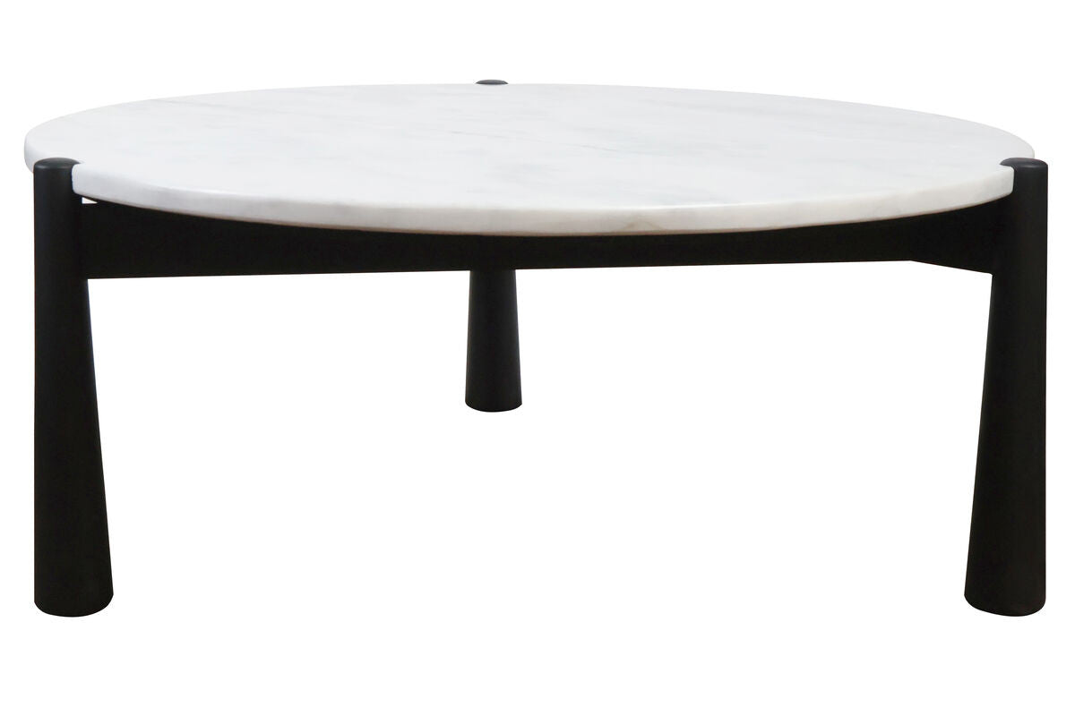 Round coffee table featuring a sleek white marble top and a sturdy black mango wood base. The table stands on three tapered legs, providing a modern aesthetic.