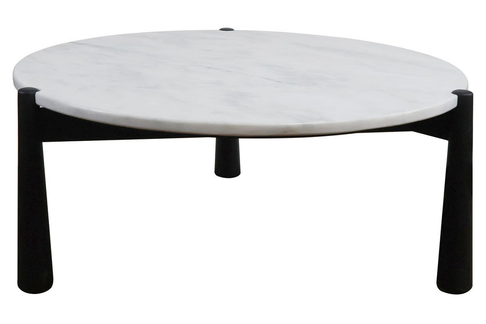 Round coffee table featuring a sleek white marble top with subtle veining, supported by sturdy black mango wood legs.
