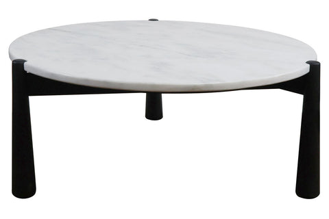 Round coffee table featuring a sleek white marble top with subtle veining, supported by sturdy black mango wood legs.