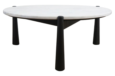 Round coffee table featuring a sleek white marble top with subtle veining, supported by four sturdy black mango wood legs.