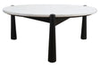 Round coffee table featuring a sleek white marble top with subtle veining, supported by four sturdy black mango wood legs.
