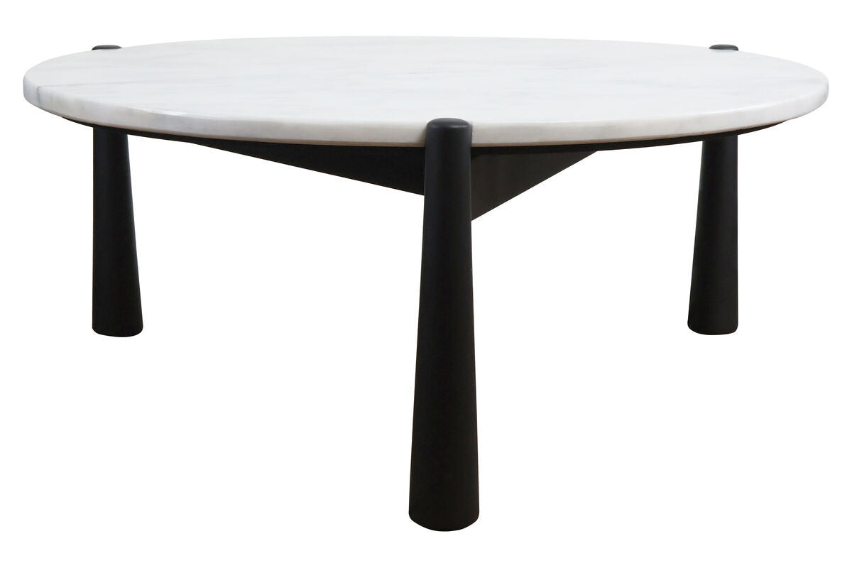 Round coffee table featuring a sleek white marble top with subtle veining, supported by four sturdy black mango wood legs.