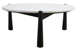 Round coffee table featuring a sleek white marble top with subtle veining, supported by four sturdy black mango wood legs.