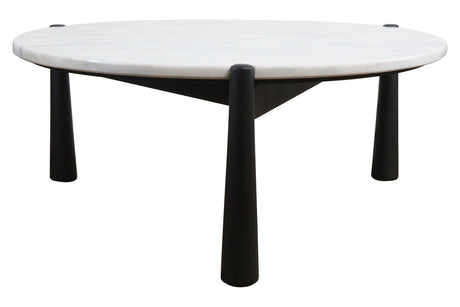 Round coffee table featuring a sleek white marble top with subtle veining, supported by four sturdy black mango wood legs.