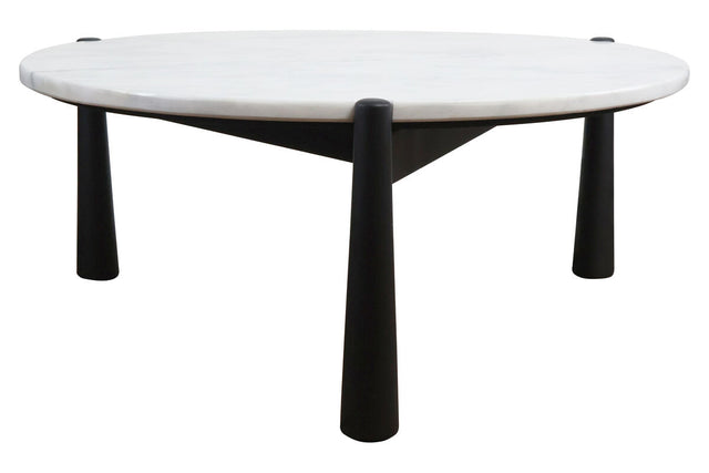 Round coffee table featuring a sleek white marble top with subtle veining, supported by four sturdy black mango wood legs.