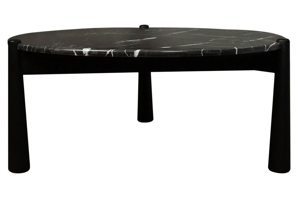 Round coffee table featuring a striking black and white marble top with elegant veining, supported by sturdy black mango wood legs.