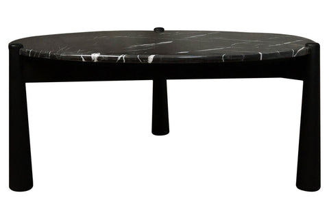Round coffee table featuring a striking black and white marble top with elegant veining, supported by sturdy black mango wood legs.