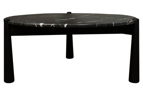 Round coffee table featuring a striking black and white marble top with elegant veining, supported by sturdy black mango wood legs.