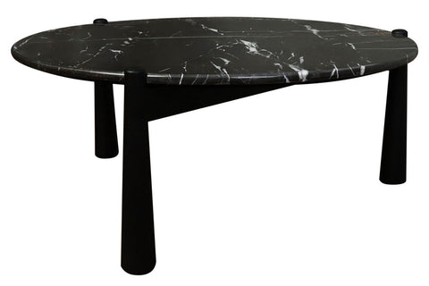 Round coffee table featuring a black marble top with striking white veining, supported by sturdy black mango wood legs.