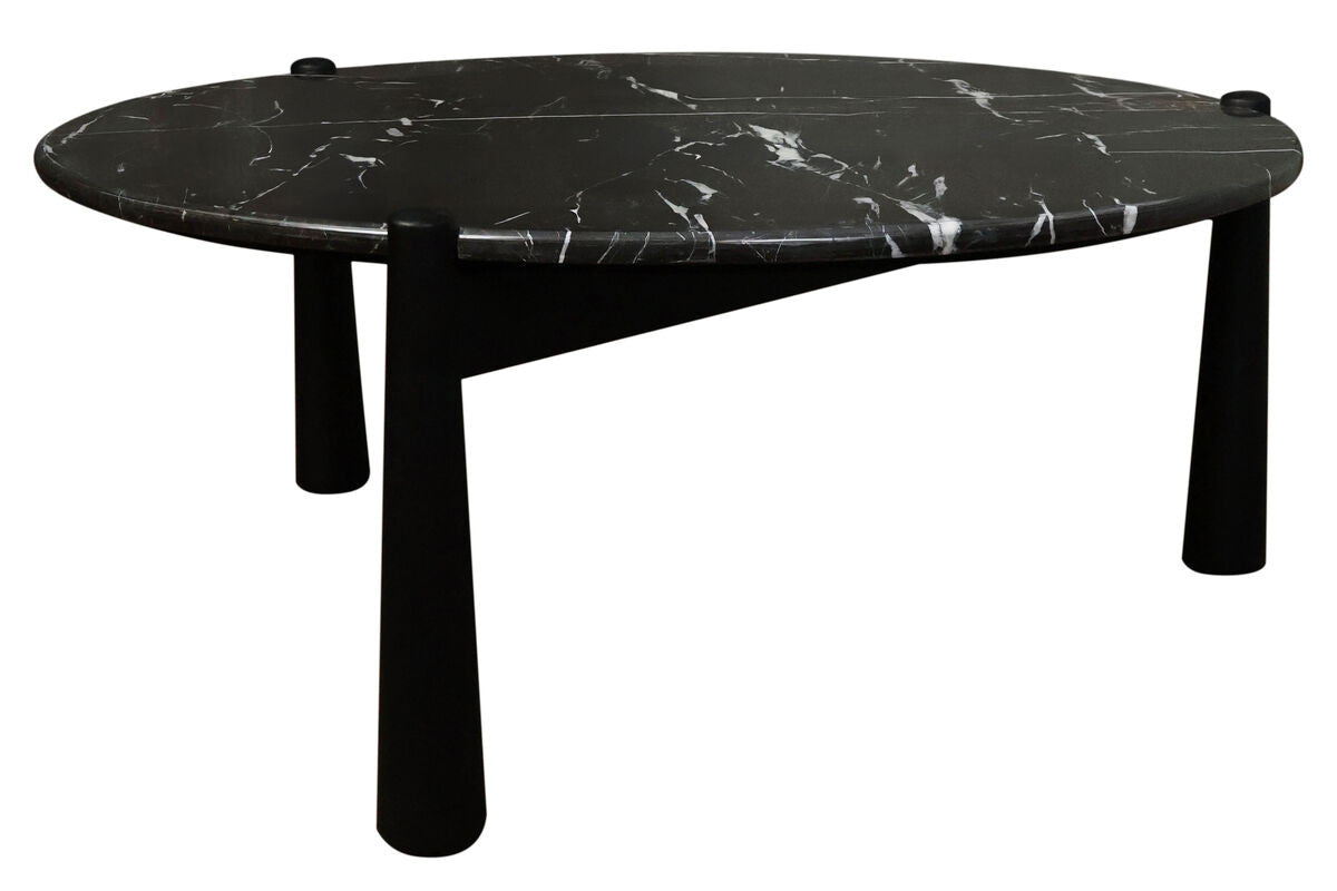 Round coffee table featuring a black marble top with striking white veining, supported by sturdy black mango wood legs.