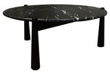Round coffee table featuring a black marble top with striking white veining, supported by sturdy black mango wood legs.