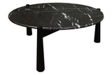 Round coffee table featuring a striking black marble top with white veining, supported by sturdy black mango wood legs.