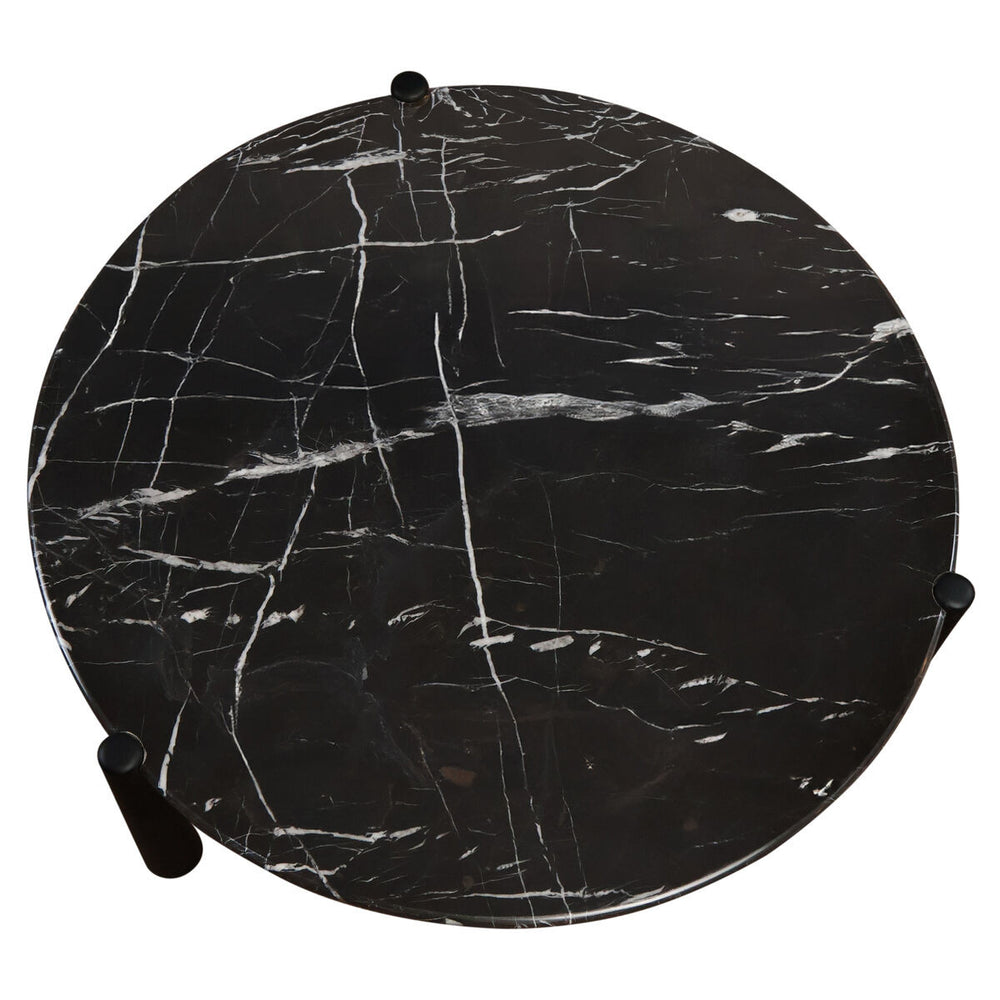Round coffee table featuring a striking black marble top with white veining, complemented by sleek black mango wood legs.