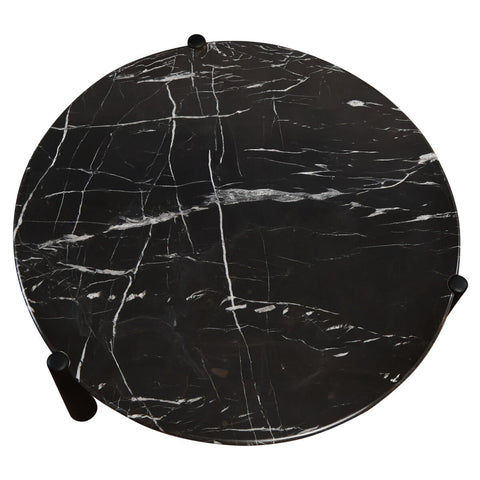 Round coffee table featuring a striking black marble top with white veining, complemented by sleek black mango wood legs.
